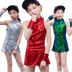 Girls silver jazz dance dress hiphop cheer leaders green red  paillette hiphop street dance performance photo competition costumes outfits