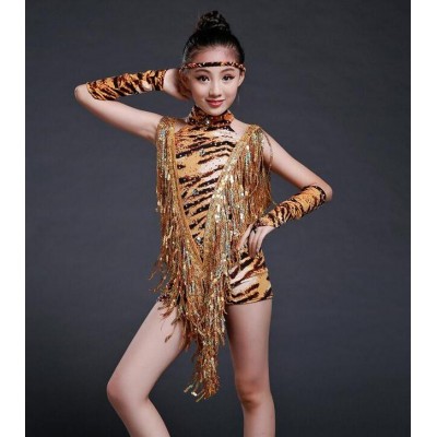 Girls Tiger S-XXL kids sequins kids children latin Dress Cha-Cha /Ballroom Dance Dress Latin Girls tassel dress