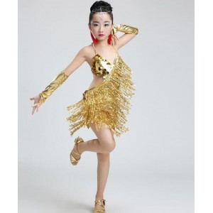 Gold Girl Children Latin Dress Dancewear Competition Dancing  sequins Modern Dance Latin Costume Child Cha-Cha Latin Dance For Girls