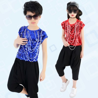 Gold yellow red royal blue sequined paillette boys girl's kids children competition hip hop jazz model show dance costumes outfits