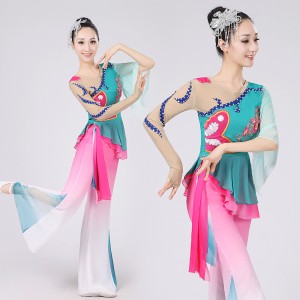 Gradient blue Discount Ancient Traditional Fan Dance Younger Chinese Folk Dance Costumes Women Chinese Fan Dance Costumes