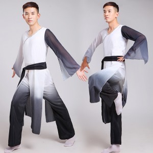 Gradient colored men's chinese ancient folk dance costumes male competition stage performance traditional yangko drummer dancing outfits