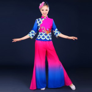 Gradient royal blue pink Chinese Ancient Traditional Plus Size Dress Yangko Dance Costume Folk Dance Costume 