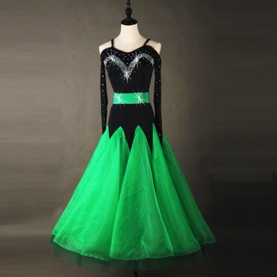 Green black Women Standard Ballroom Dresses Long Sleeve Stretchy Dancing Costume Adult Waltz Ballroom Competition Dance Dress
