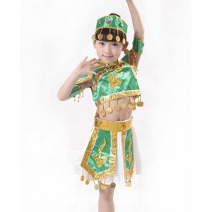 Green Chinese Mongolia Chinese Dance Costume Traditional Mongolia Costume Children's Performance Dance Skirt with hat