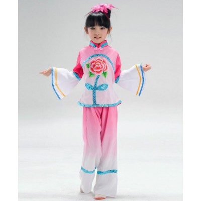 Green fuchsia Ancient Traditional Fan Dance Younger Chinese Folk Dance Costumes For Kids Children Girls TOPS and pants