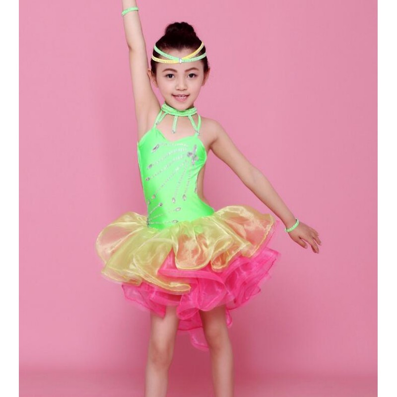 Green fuchsia yellow patchwork girls kids children stage performance competition latin salsa dance dresses costumes