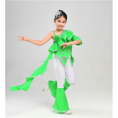 Green Girls traditional Chinese folk dance costumes kids children ancient stage performance drama cosplay dancing outfits 