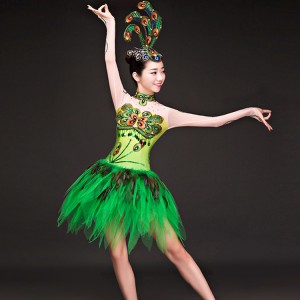 Green peacock modern dance women's female singers dancers jazz hip hop solo stage performance film cosplay  dance dresses 