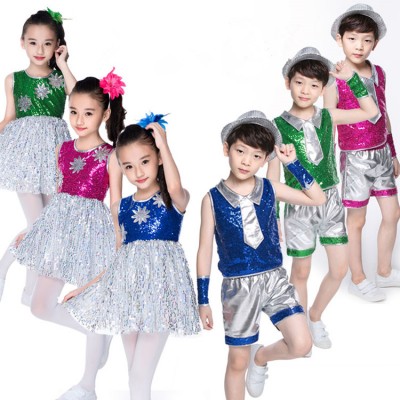 Green pink blue Children's jazz dance costumes girl's children boy hip-hop performances of modern  dance clothing 