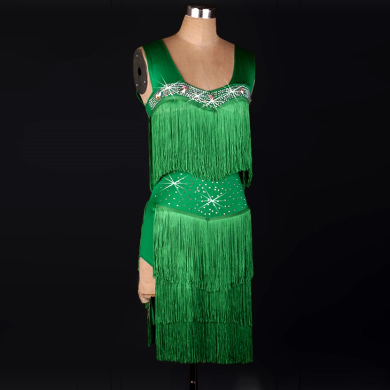 Green rhinestones backless fringes competition performance girl's women's latin salsa cha cha dance dresses costumes