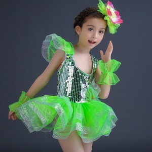 Green turquoise fuchsia hot pink sequined modern dance girl's chorus jazz singers dancers  princess fairy performance dresses