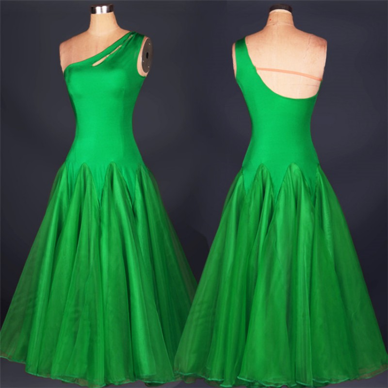 Green white fuchsia one shoulder backless competition performance girl's women's tango waltz ballroom dance dresses