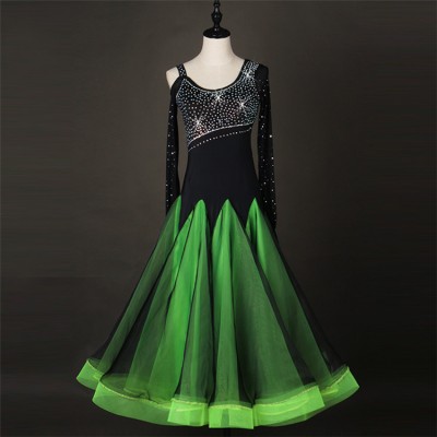 Green with black patchwork rhinestones handmade long sleeves women's female competition full skirted long length ballroom dance dresses