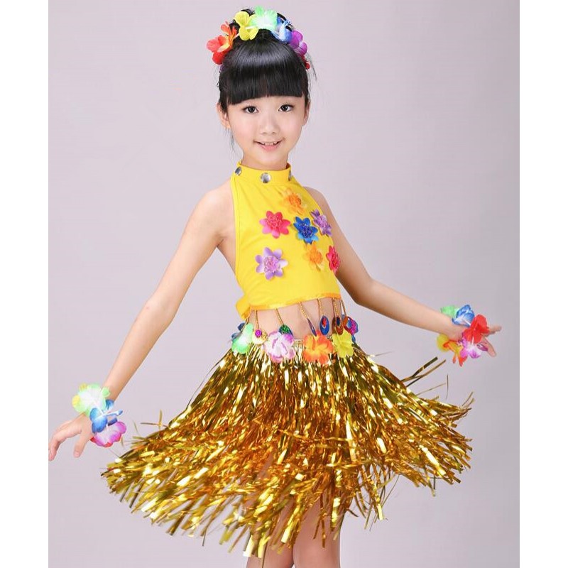 Hawaiian Grass Skirt Kit Hula Mini Skirt /top Party Dress Costume