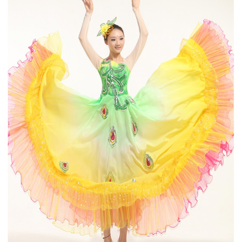  Hmong  flamenco rainbow Sequined Pavaner Costume  Peacock Dance Big Expansion Skirt Modern Classical Performance Wear dresses