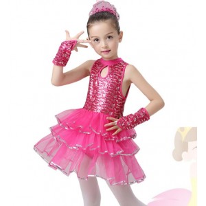Hot Pink blue Sweet Girl's kids children Sequin Tutu Dress Tap Jazz Dance Costume Children Stage Wear Latin dress