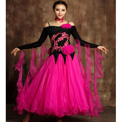 Hot pink fuchsia black patchwork  women's ladies long sleeves long length competition ballroom dance dresses