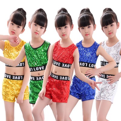 Kid jazz dance costumes for girls boys sequin modern dance hip hop singers dancers performance outfits tops and shorts