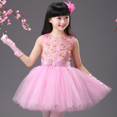 Kids ballroom jazz dance dress for girls pink school stage performance modern dance singers chorus dancing costumes