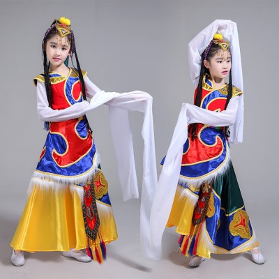 Kids china ancient folk dance costumes for girls drama film cosplay national Mongolian traditional minority stage performance robes dresses