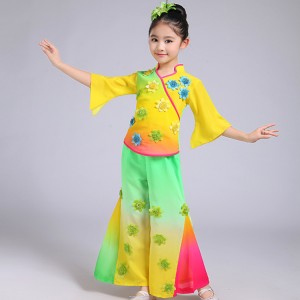 Kids Chinese folk dance costumes for girls rainbow colored fan performance traditional ancient dancing dresses