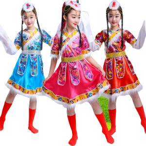 Kids chinese folk dance costumes for girls stage performance party drama tibet minority cosplay national dancing robes dresses