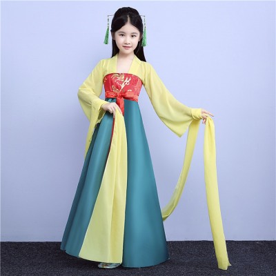 Kids Chinese folk dance costumes for girls yellow green fairy ancient classical traditional princess fairy tang dynasty hanfu robes