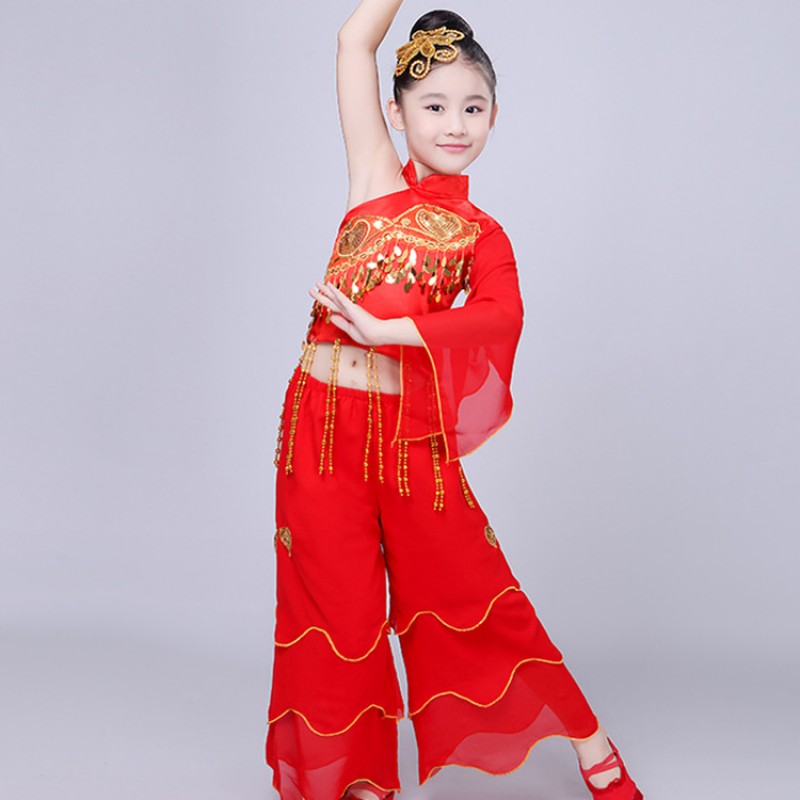 Kids Chinese folk dance costumes red white performance cosplay photos film drama traditional yangko dance dress