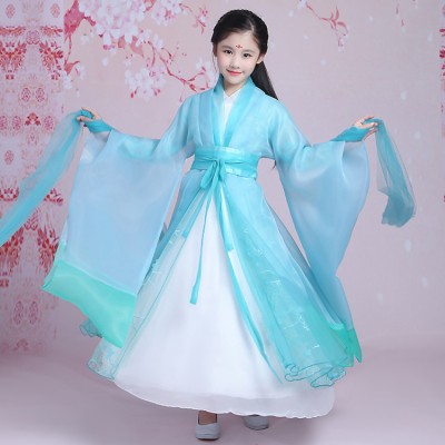 Kids fairy film cosplay girls dance costumes turquoise china folk dance princess hanfu ancient traditional Chinese folk dance robes dresses
