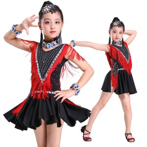 Kids fringes latin dresses competition girls diamond stage performance professional salsa rumba chacha dance dresses
