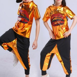 Kids hiphop jazz dance outfits gold boys girls modern dance street dance stage performance competition team dancers tops and harem pants