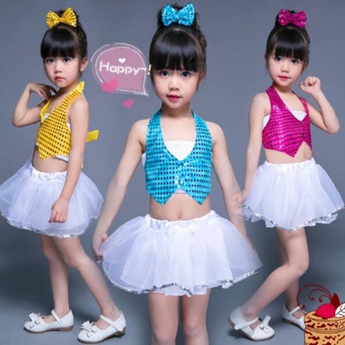Kids jazz dance costumes blue red pink sequined girls boys school performance singers cheer leaders cosplay competition outfits
