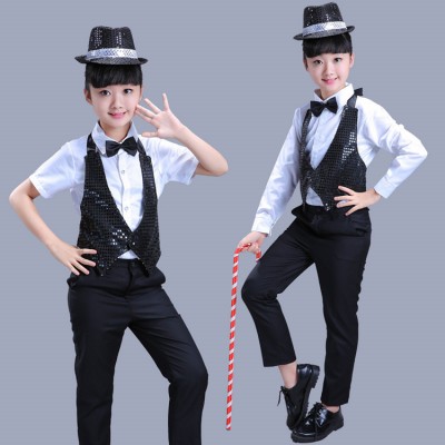 Kids jazz dance costumes for boys  girls black and white magician singers dancers hiphop street dance school show competition costumes