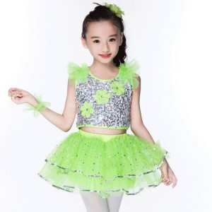 Kids jazz dance costumes for girls boys silver neon green performance paillette competition hiphop singers dancers outfits