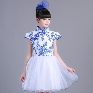 Kids jazz dance costumes modern dance boys girls singers dancers chorus blue and white  show recite school competition performance dresses