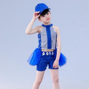 Kids jazz dance outfits royal blue modern dance stage performance hiphop singers dancers dancing top and shorts