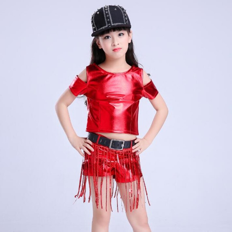 Kids jazz street dance hiphop dance outfits for girls red gold pink silver modern dance performance school competition top and shorts costumes