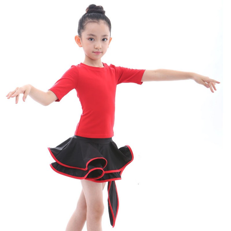 Kids latin dance dresses black and red salsa rumba chacha performance competition performance tops and skirts