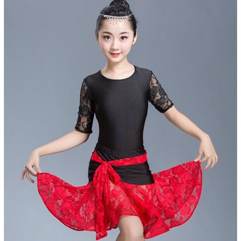 Kids Latin dance dresses for girls children blue red black lace competition performance latin salsa outfits