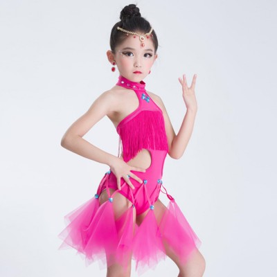 Kids latin dance dresses for pink girls performance competition salsa rumba chacha dance dresses