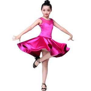 Kids latin dress for girls royal blue fuchsia pink blue satin stage performance ballroom salsa chacha dance dresses