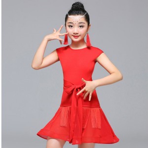 Kids latin dresses competition girls children red black school gymnastics stage performance rumba salsa chacha dance dresses 