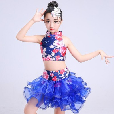Kids latin dresses floral royal blue red competition stage performance salsa chacha modern dance dresses