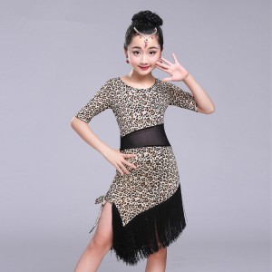 Kids leopard fringes latin dresses stage performance salsa chacha rumba school competition dance dresses