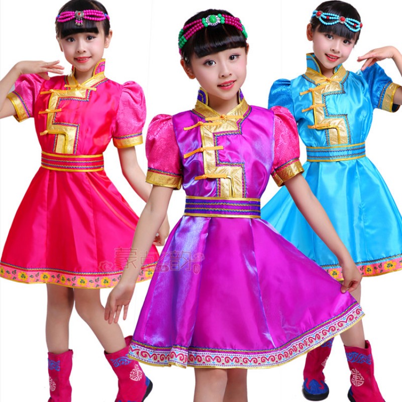 Kids Mongolian dance girls Chinese folk dance costumes ancient traditional film cosplay dancing outfits robes