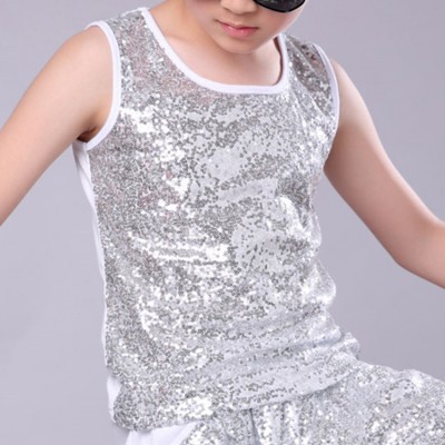 kids street modern dance sequin vests silver black competition hip hop dancing tops 