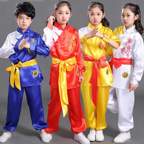 Kids Tae Kwon Do wushu costumes boys girls traditional dragon martial stage performance exercises tai chi kung fu student uniforms