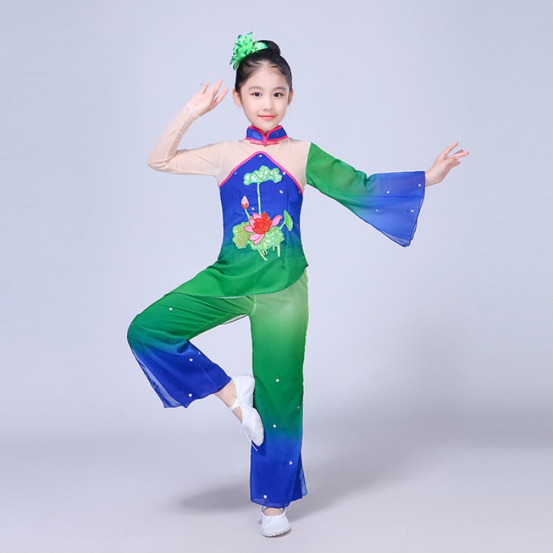 kids yangko Chinese folk dance costumes for girls green gradient  stage performance traditional dancing dress