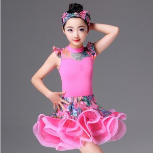 Latin dress for girl's stage performance competition rumba salsa floral pink light yellow dance outfits